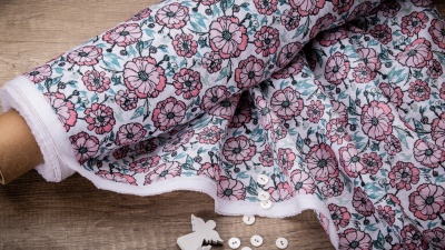 Softened 100% linen fabric - pink flower print