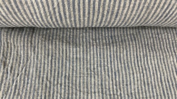Softened, 100% linen fabric - natural with light blue stripes