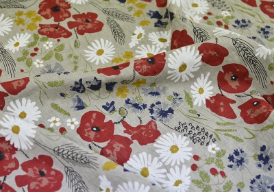 Softened 100% linen fabric - natural with meadow flower print