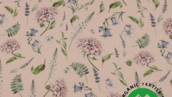 GOTS cert. 100% organic cotton poplin fabric - blooming flowering garden on a pink background