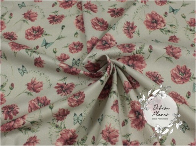 GOTS cert. 100% organic cotton TWILL fabric- butterfly & flowers design on misty mint